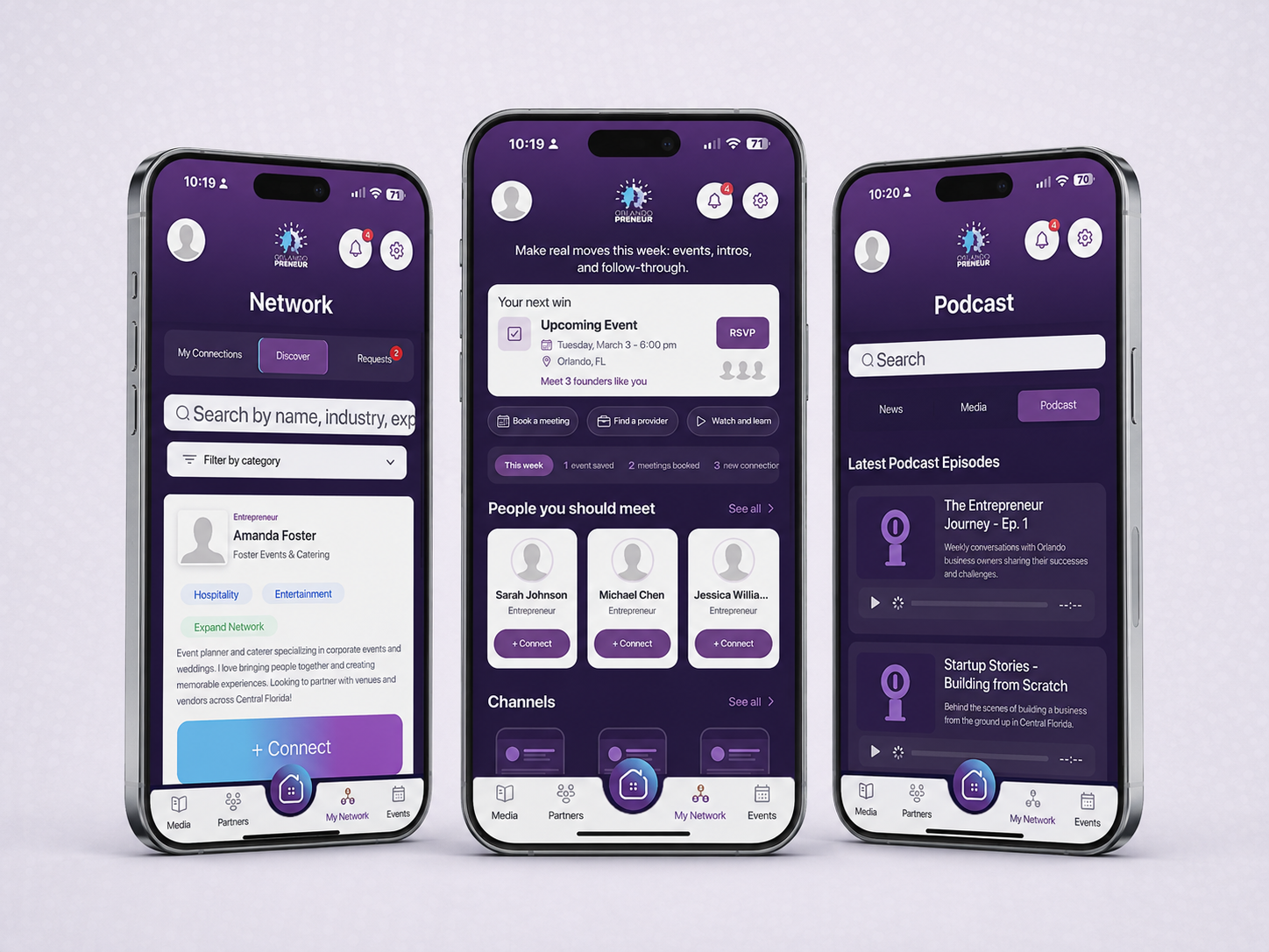 The OrlandoPreneur app shown on three iPhone screens