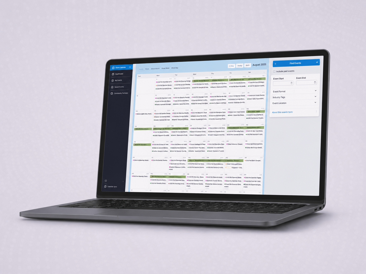 The OrlandoPreneur event calendar shown on a laptop